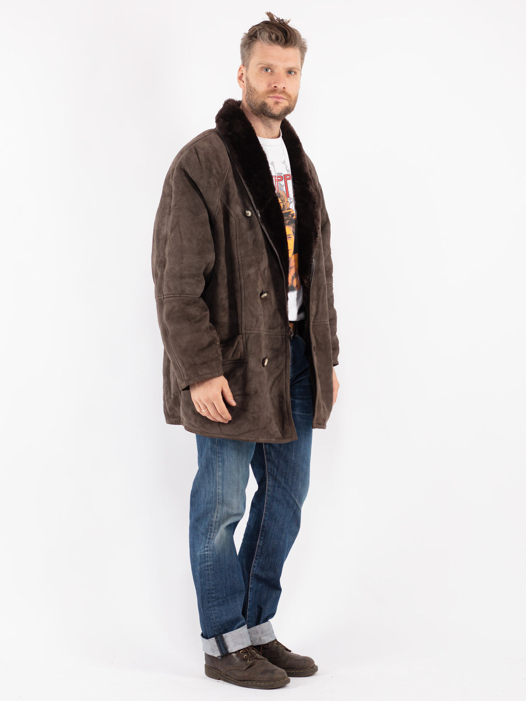 Vintage 80's Men Sheepskin Shearling Coat in Brown