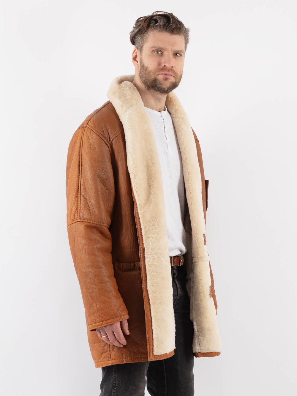 Vintage 80's Men Sheepskin Shearling Coat in BrownZ994