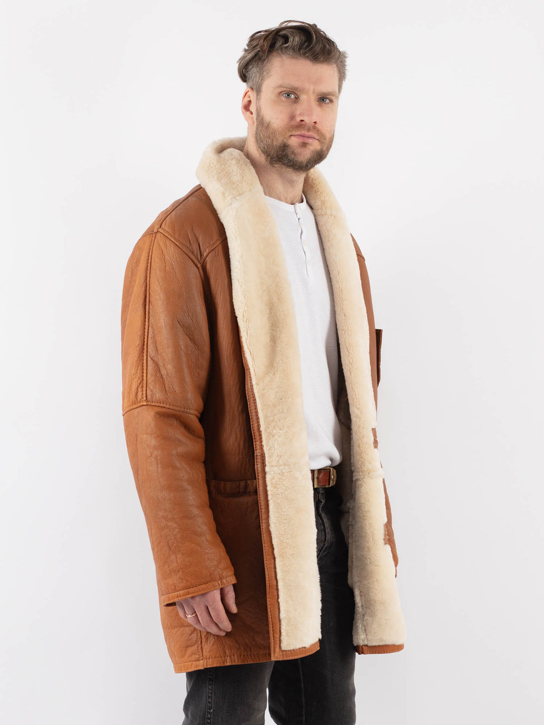 Vintage 80's Men Sheepskin Shearling Coat in BrownZ994