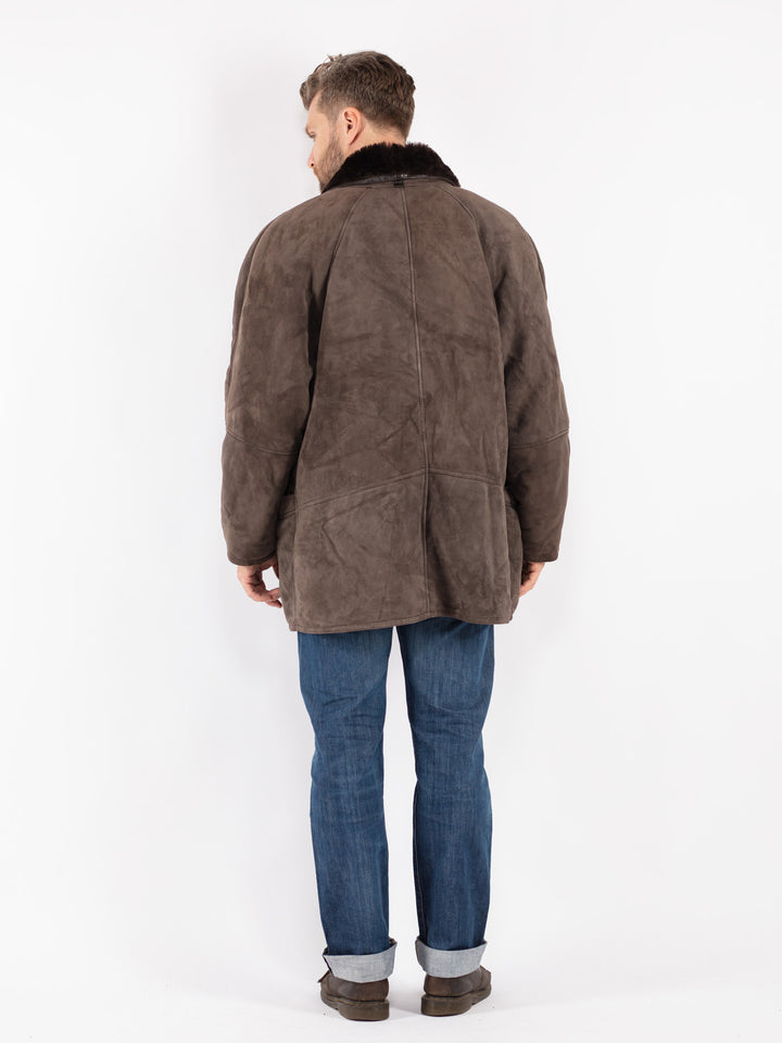 Vintage 80's Men Sheepskin Shearling Coat in Brown