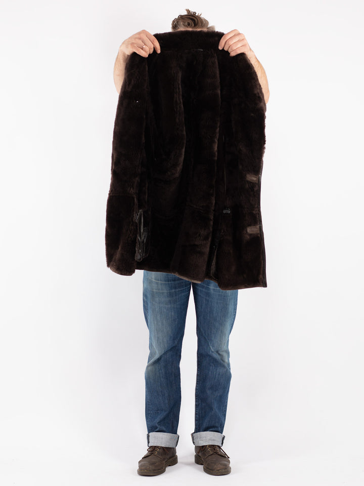 Vintage 80's Men Sheepskin Shearling Coat in Brown