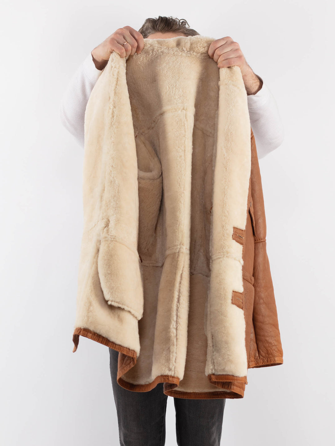 Vintage 80's Men Sheepskin Shearling Coat in BrownZ994