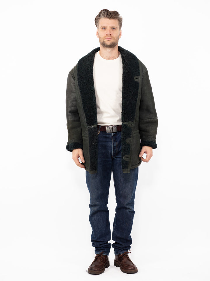 Vintage 80's Men Sheepskin Coat in Dark Green