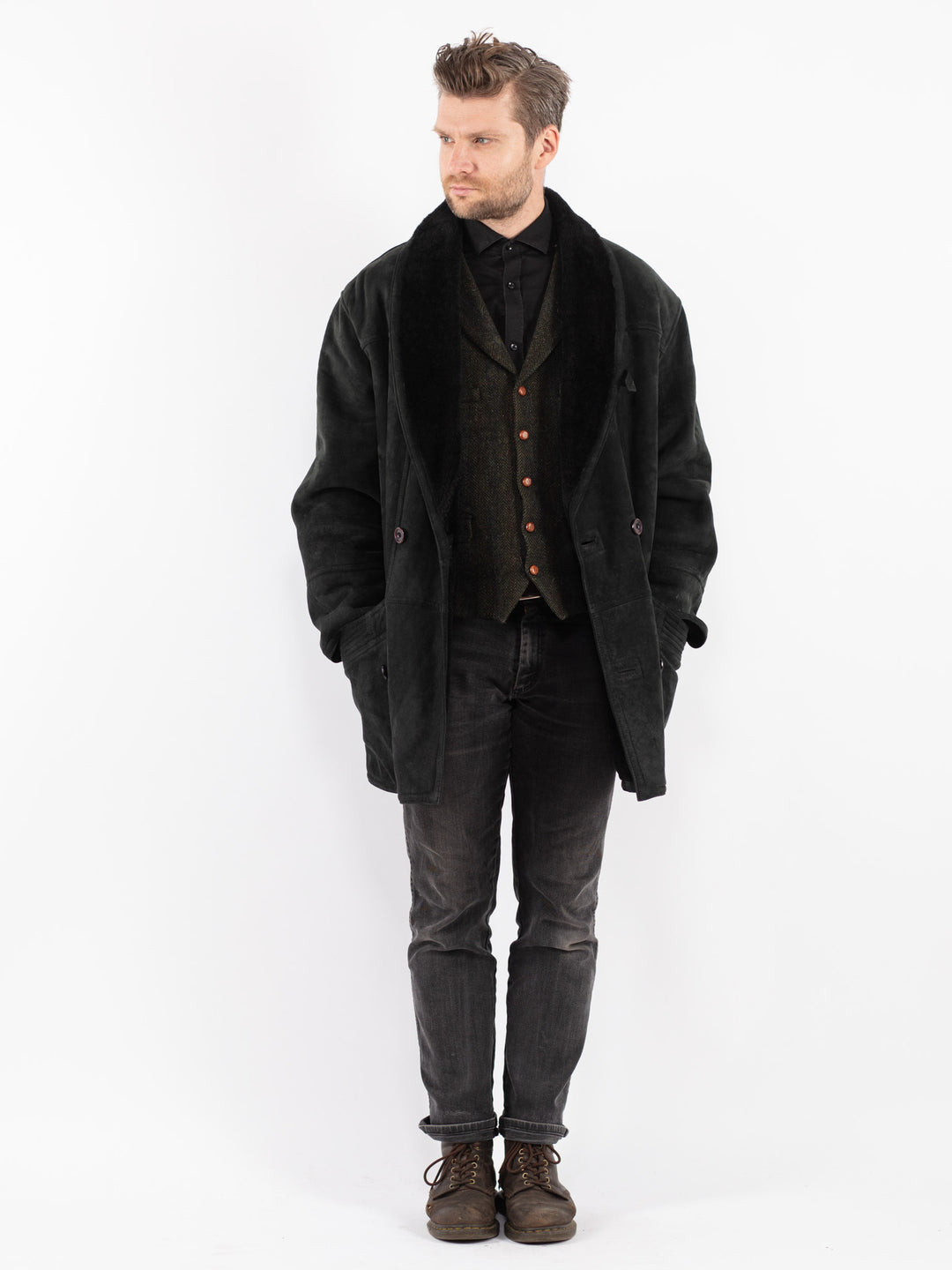 Vintage 80's Men Sheepskin Shearling Coat in Green