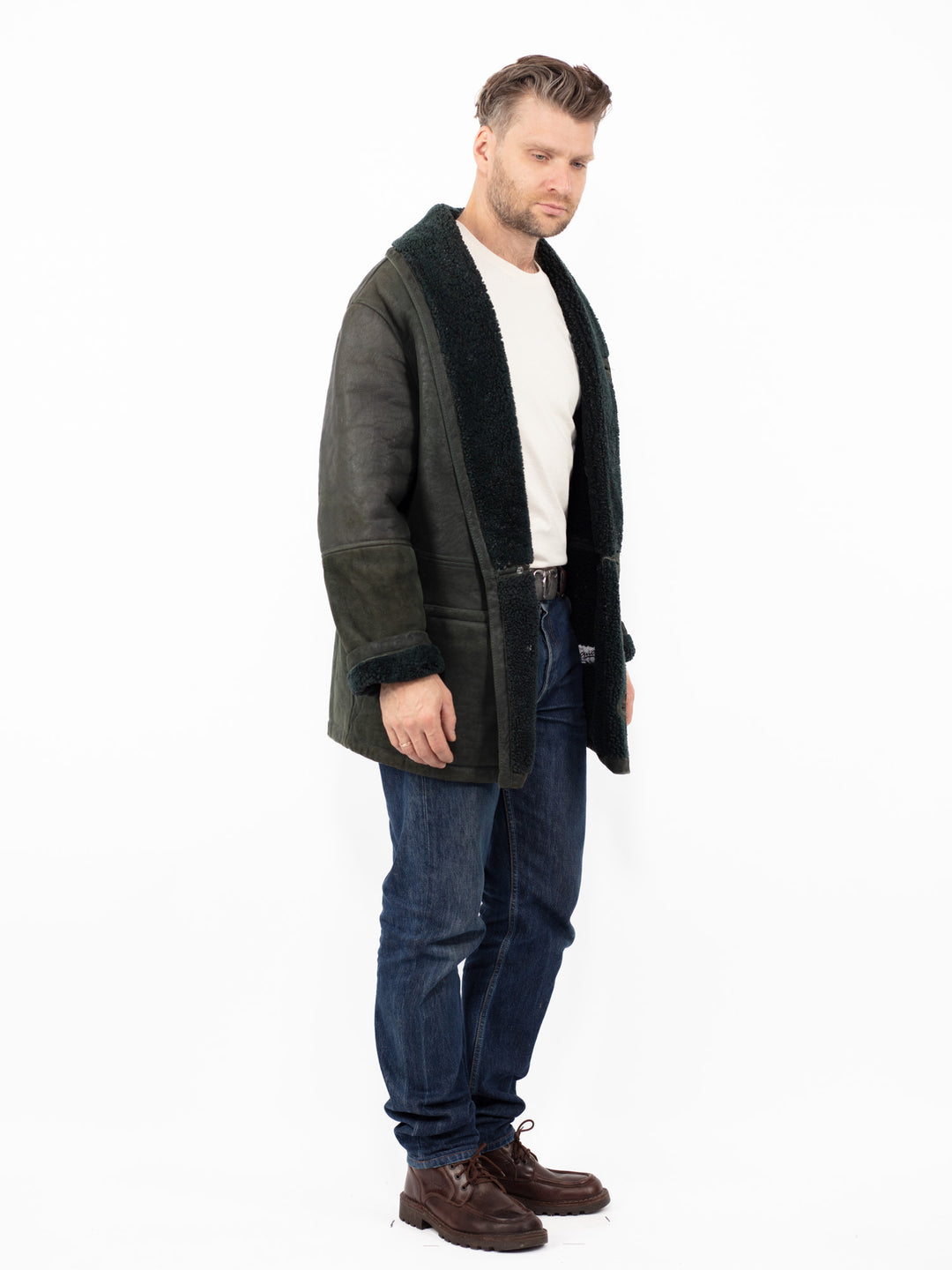 Vintage 80's Men Sheepskin Coat in Dark Green