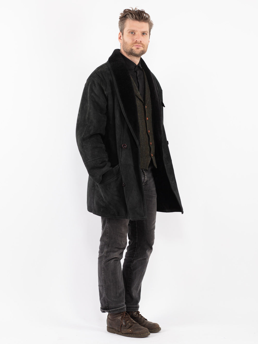 Vintage 80's Men Sheepskin Shearling Coat in Green