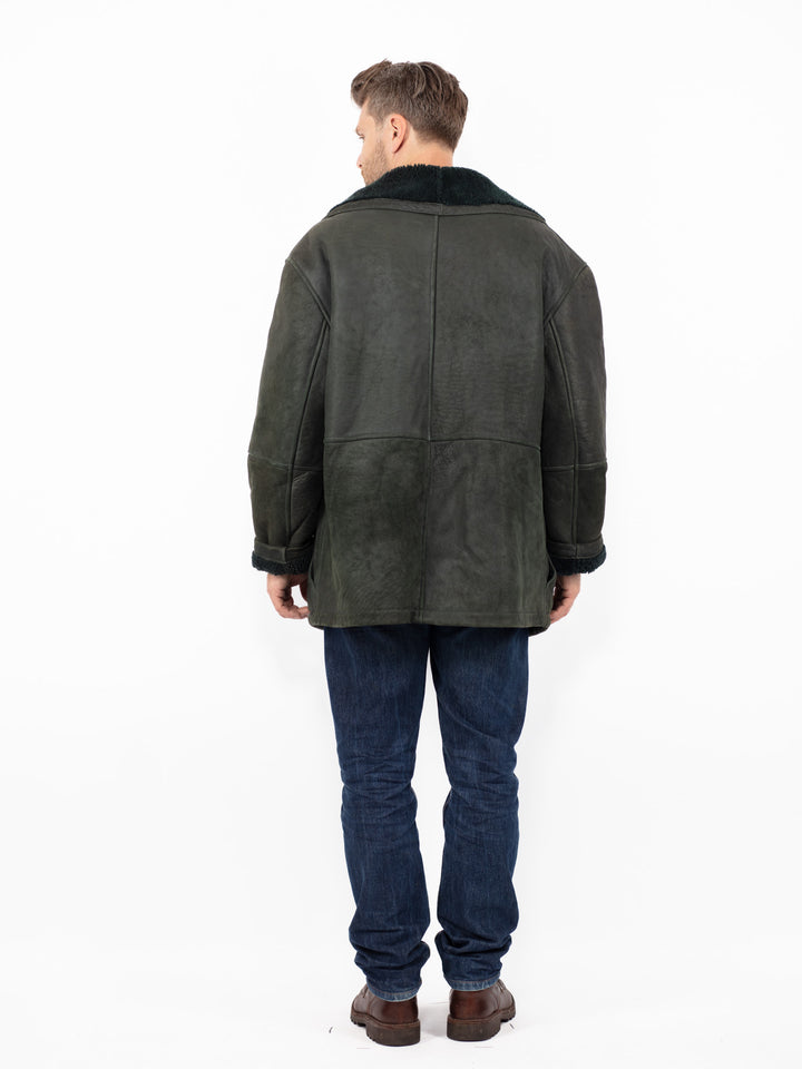 Vintage 80's Men Sheepskin Coat in Dark Green