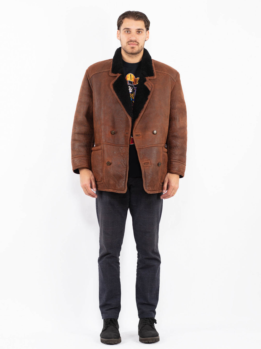 Vintage 80's Men Sheepskin Shearling Coat in BrownZ2409