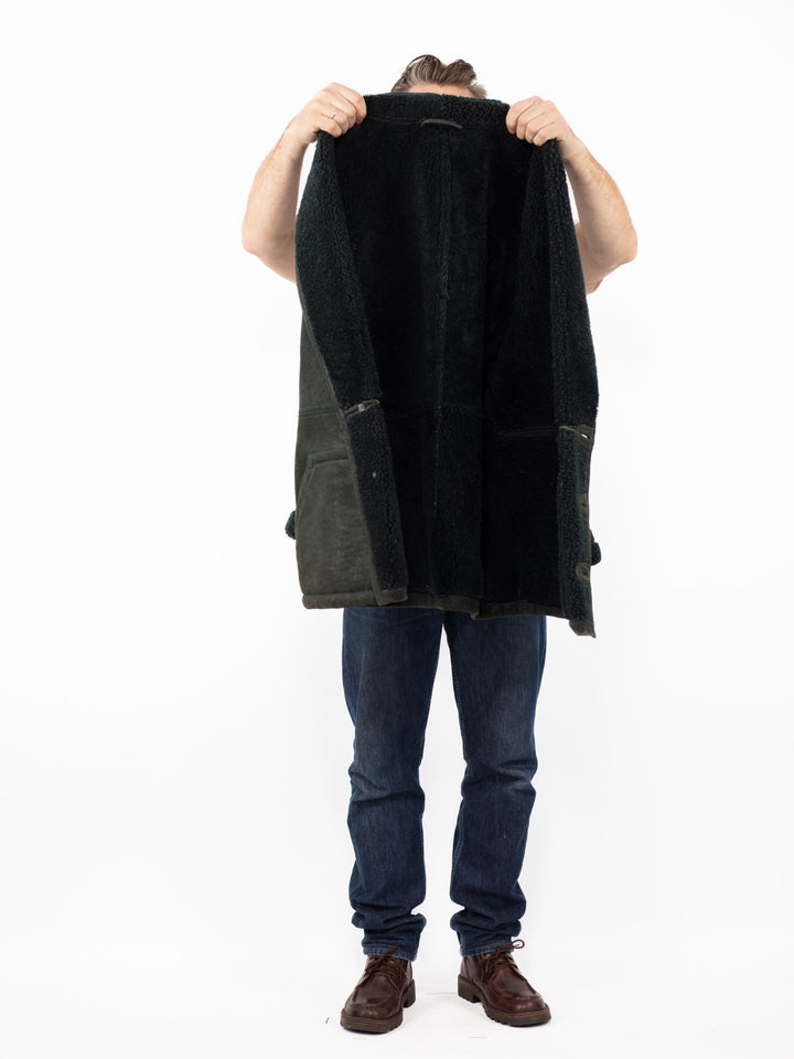 Vintage 80's Men Sheepskin Coat in Dark Green