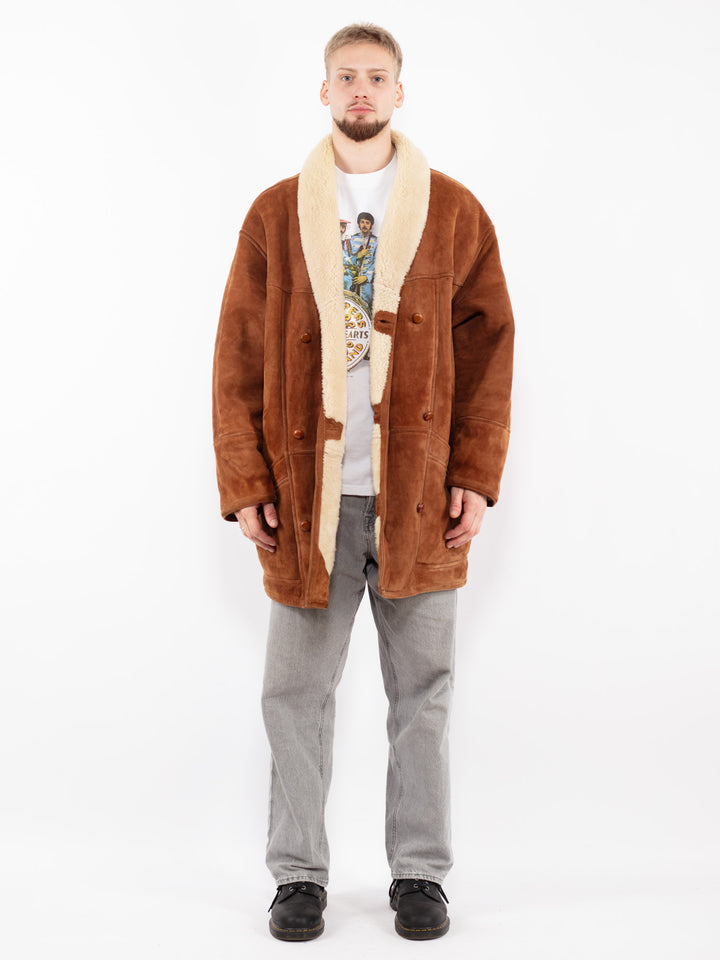 Vintage 80's Men Oversized Sheepskin Coat in Brown
