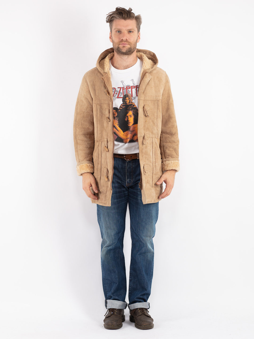 Vintage 80's Men Sheepskin Coat in Beige