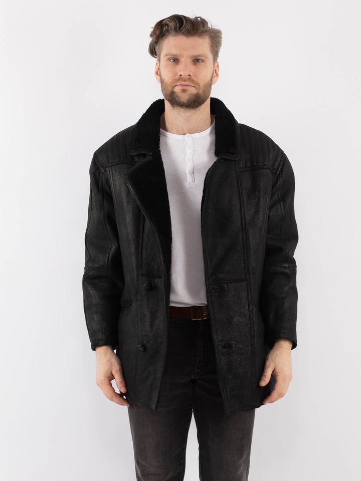 Vintage 80's Men Sheepskin Shearling Coat in BlackZ1002