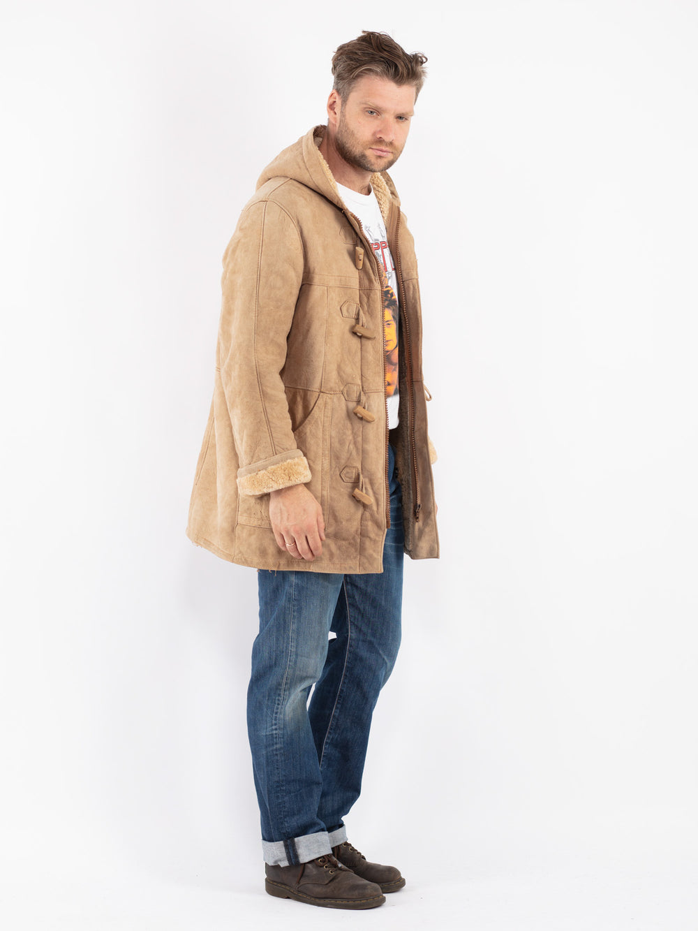 Vintage 80's Men Sheepskin Coat in Beige