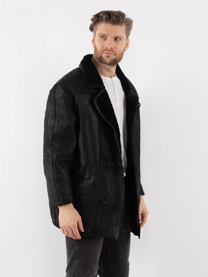Vintage 80's Men Sheepskin Shearling Coat in BlackZ1002