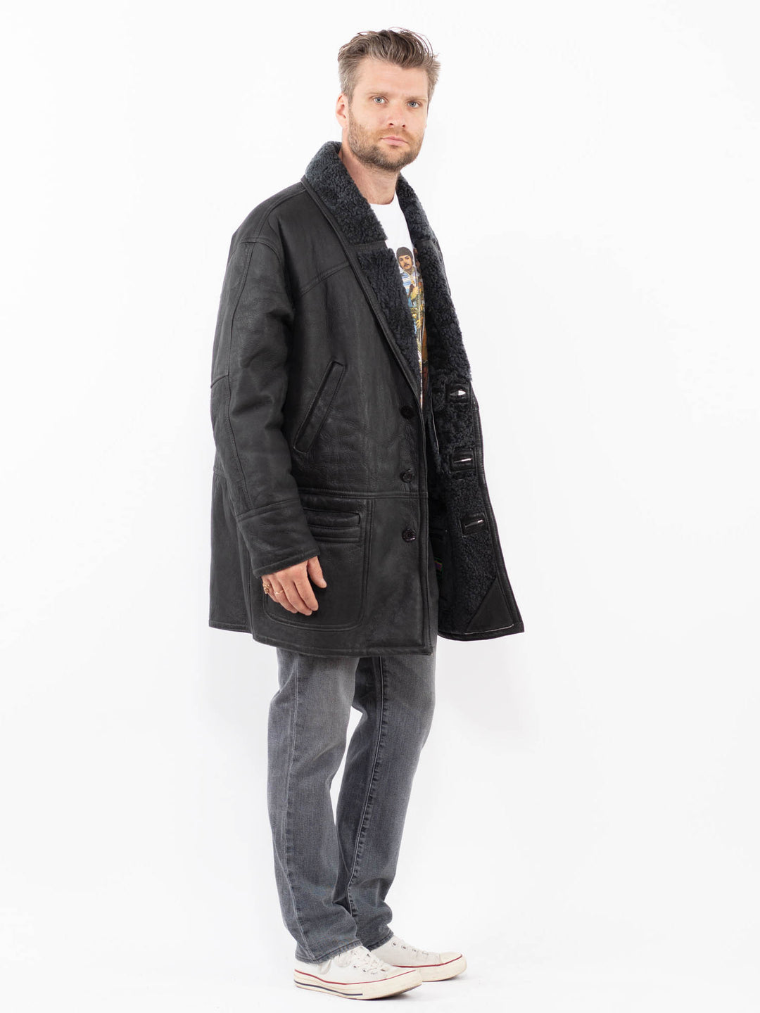 Vintage 80's Men Sheepskin Coat in GrayZ1974