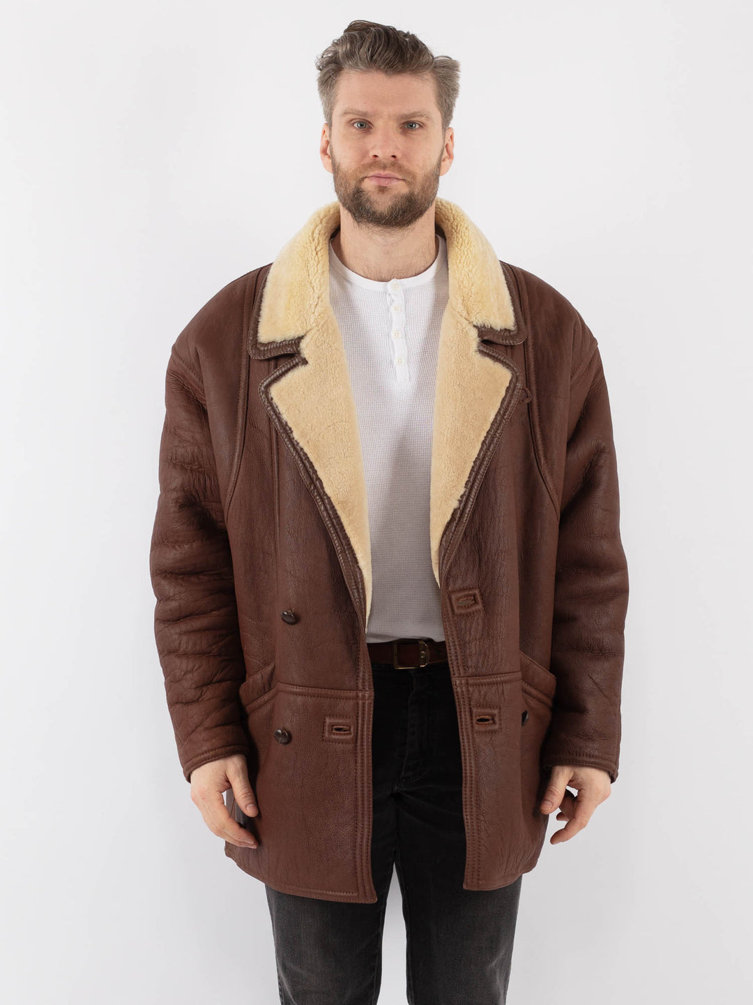 Vintage 80's Men Sheepskin Shearling Coat in BrownZ1004