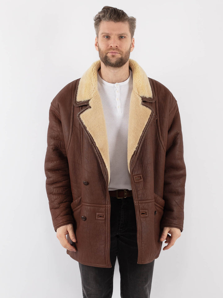 Vintage 80's Men Sheepskin Shearling Coat in BrownZ1004
