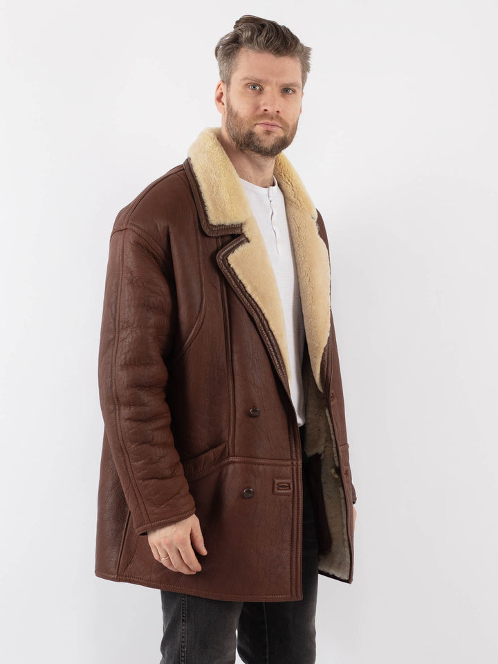 Vintage 80's Men Sheepskin Shearling Coat in BrownZ1004