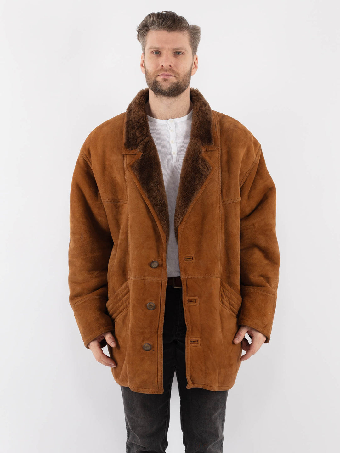 Vintage 80's Men Sheepskin Shearling Coat in BrownZ1006