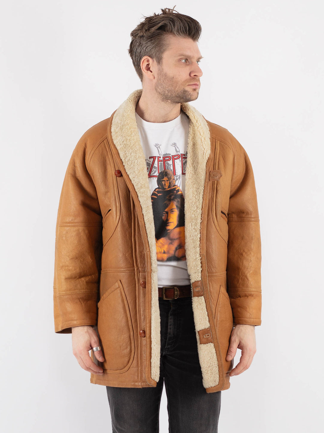 Vintage 80's Men Sheepskin Coat in Brown - NorthernGrip