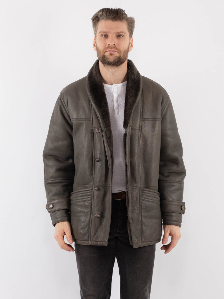 Vintage 80's Men Sheepskin Shearling Coat in GrayZ1009