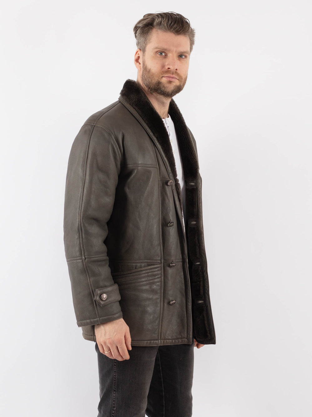 Vintage 80's Men Sheepskin Shearling Coat in GrayZ1009