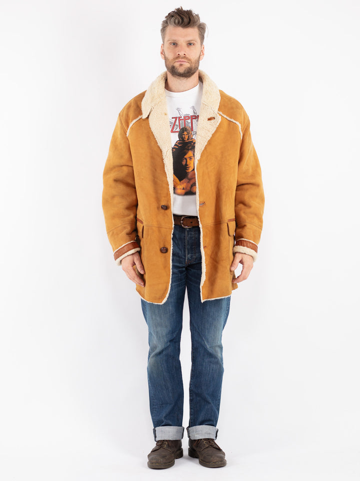 Vintage Men Sheepskin Shearling Coat in Brown