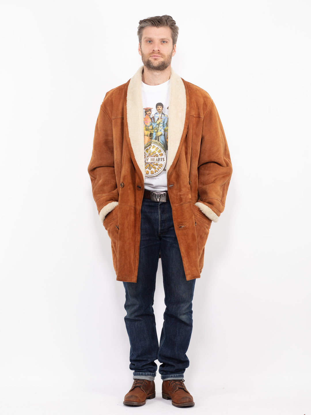 Vintage 90's Men Sheepskin Shearling Coat in BrownZ2714