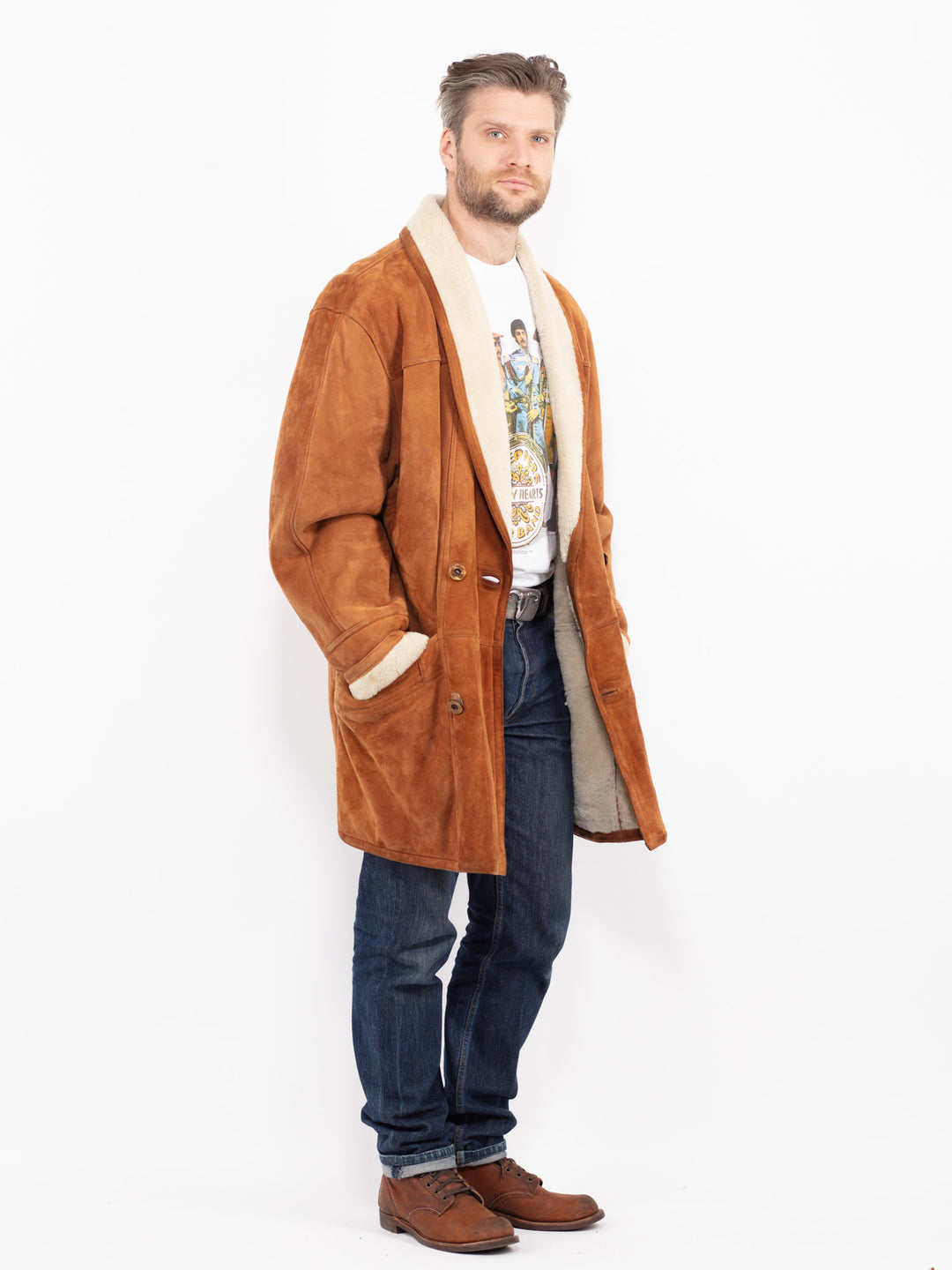 Vintage 90's Men Sheepskin Shearling Coat in BrownZ2714