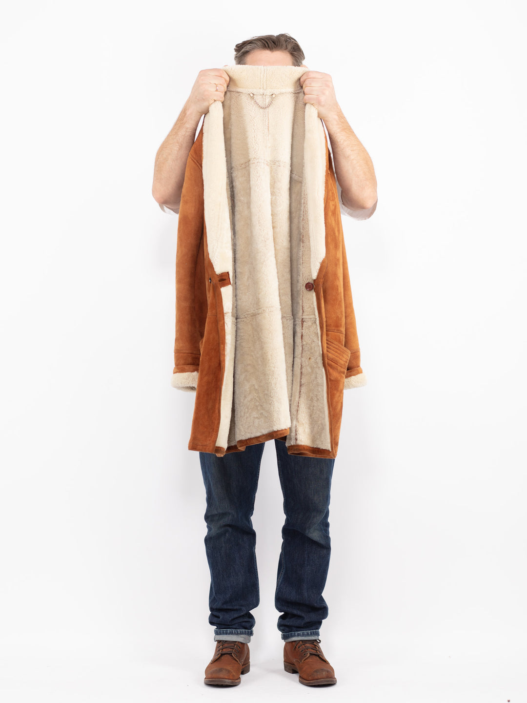 Vintage 90's Men Sheepskin Shearling Coat in BrownZ2714