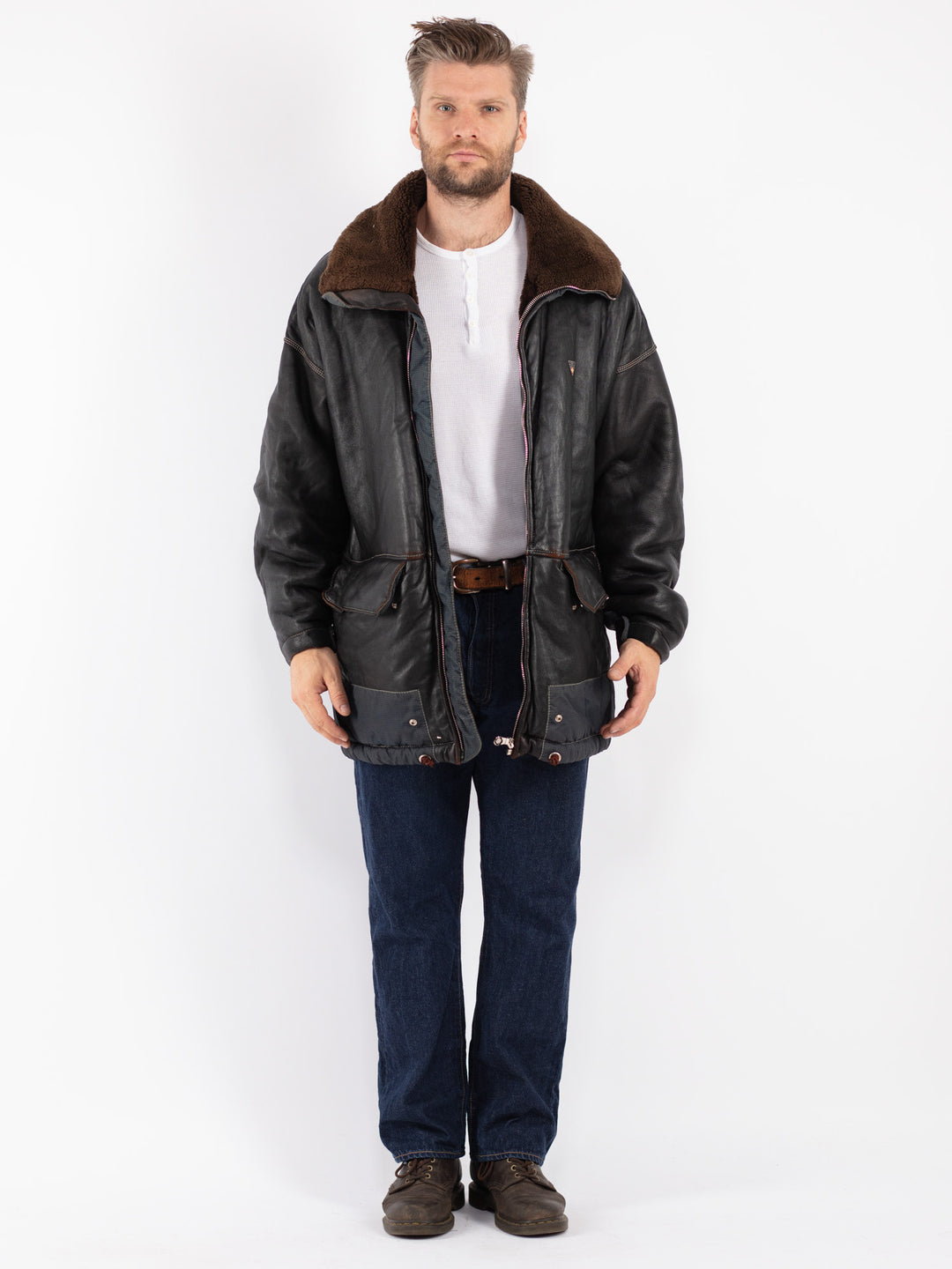 Vintage 90's Men Sheepskin Shearling Coat in Black - NorthernGrip