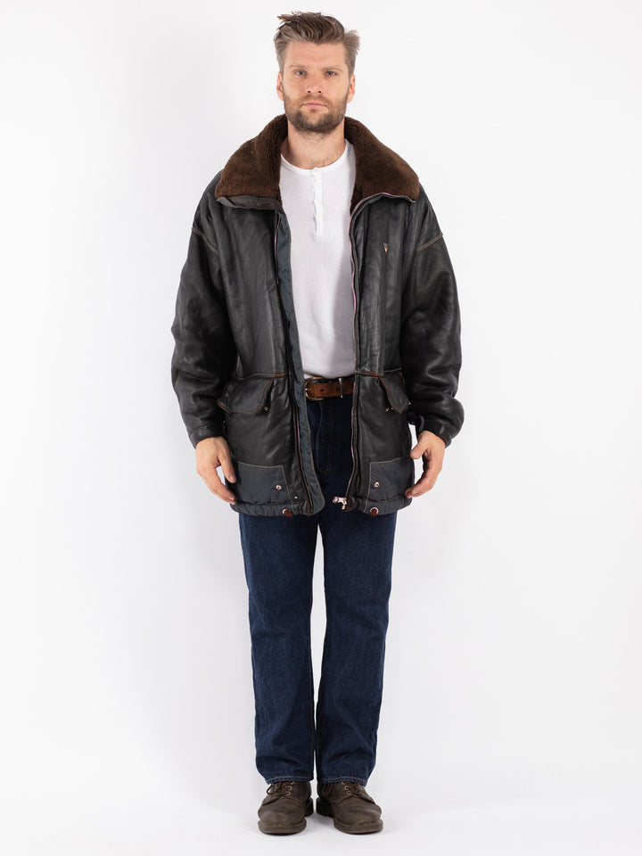 Vintage 90's Men Sheepskin Shearling Coat in Black - NorthernGrip