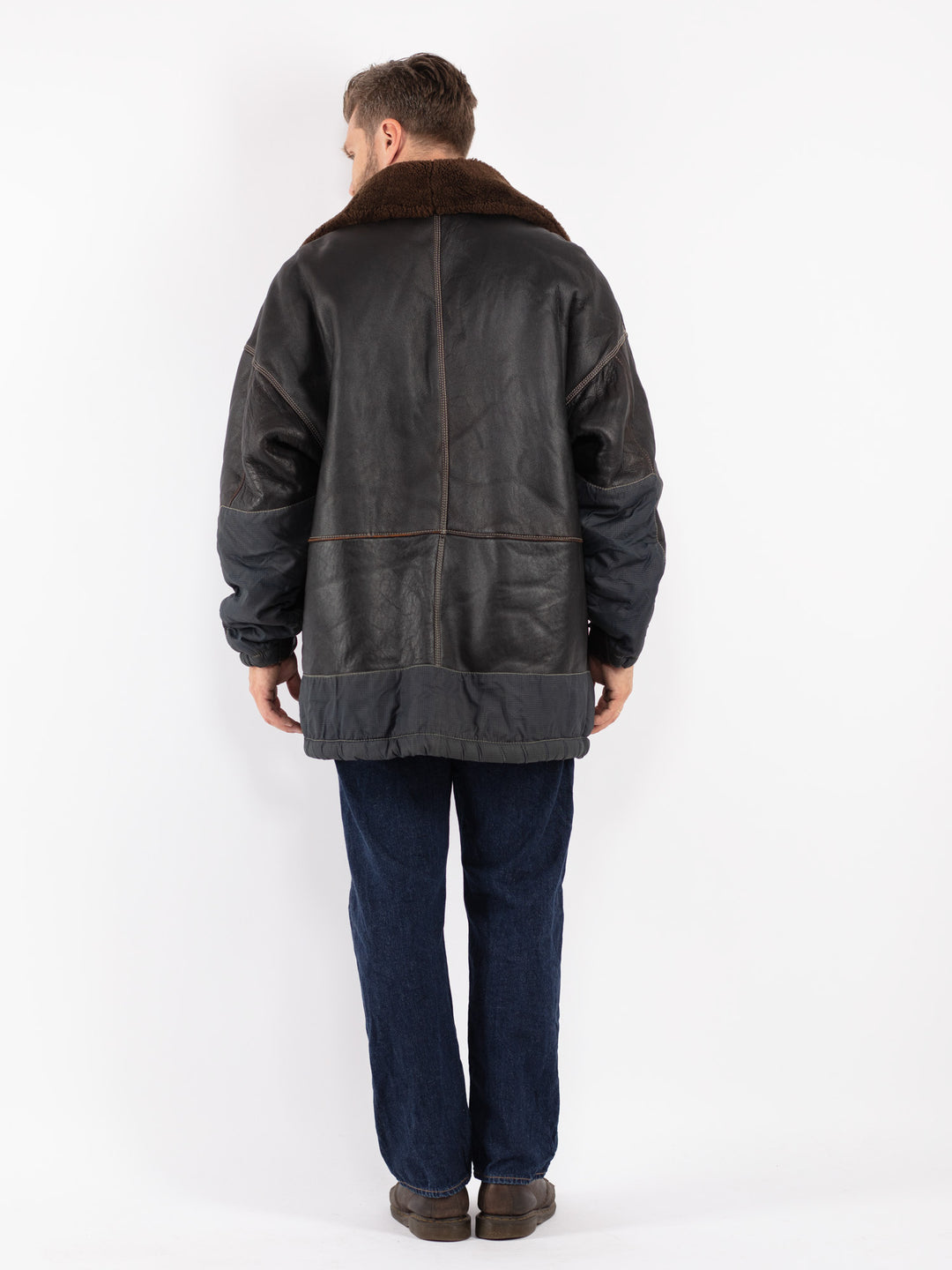 Vintage 90's Men Sheepskin Shearling Coat in Black - NorthernGrip