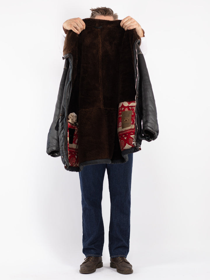 Vintage 90's Men Sheepskin Shearling Coat in Black - NorthernGrip