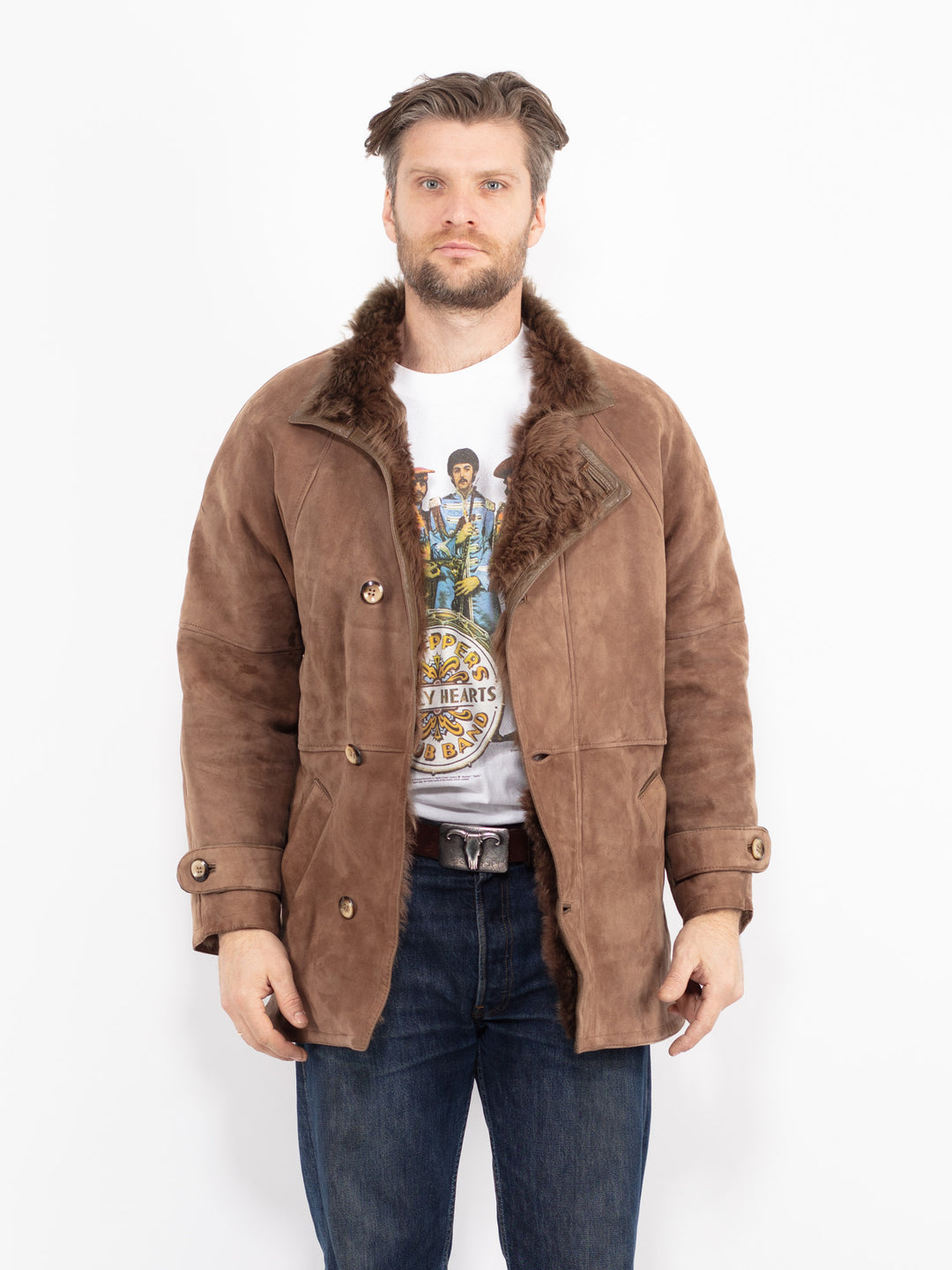 Vintage 80's Men Sheepskin Shearling Coat in BrownZ2717