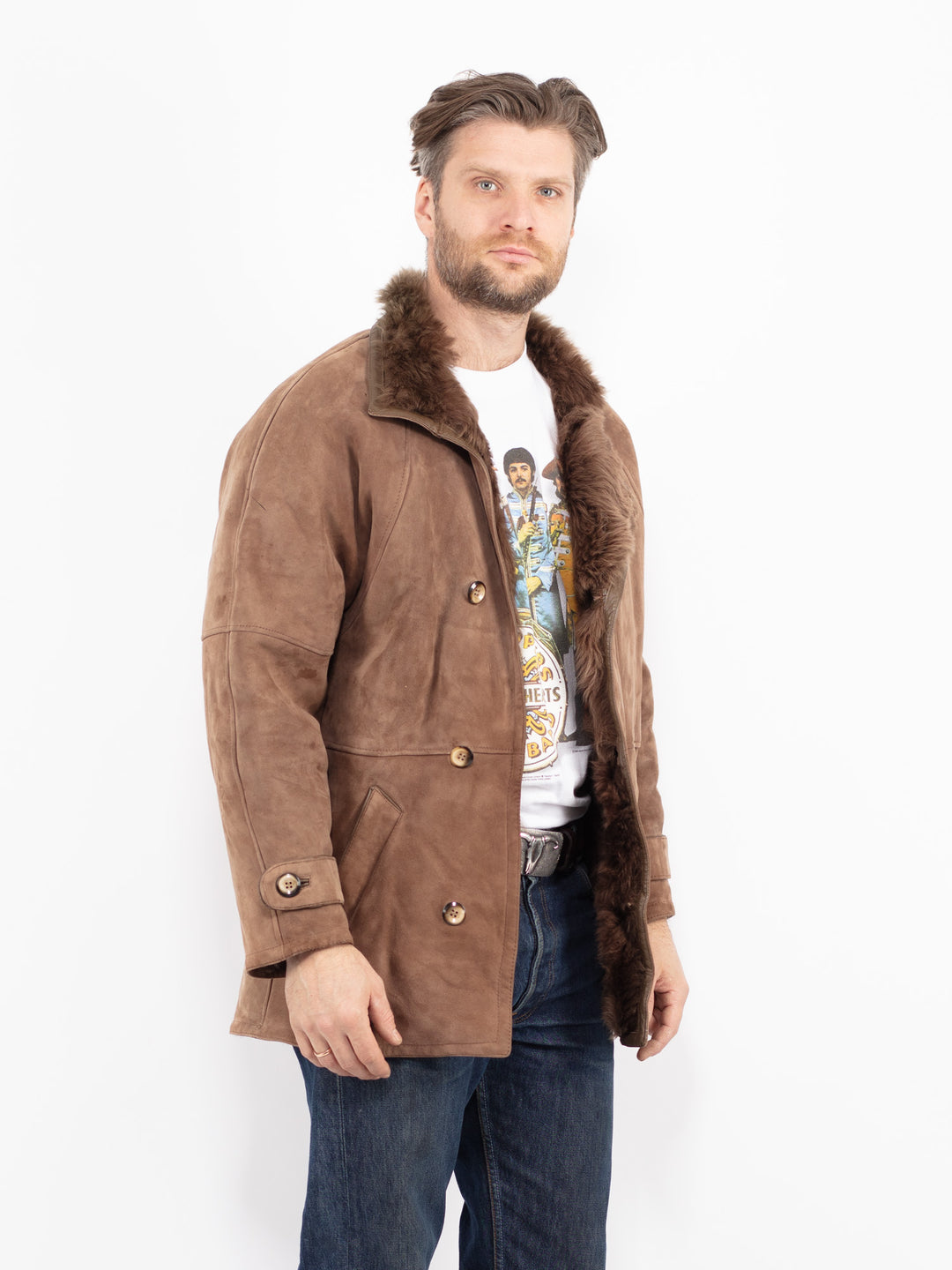 Vintage 80's Men Sheepskin Shearling Coat in BrownZ2717