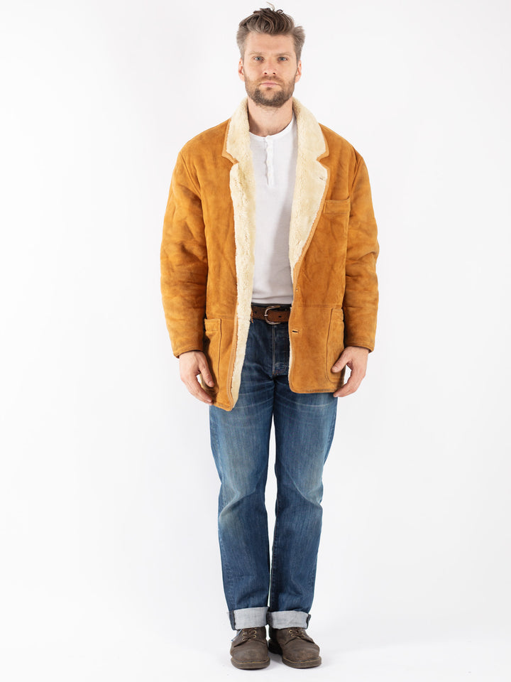 Vintage 80's Men Sheepskin Shearling Coat in Brown