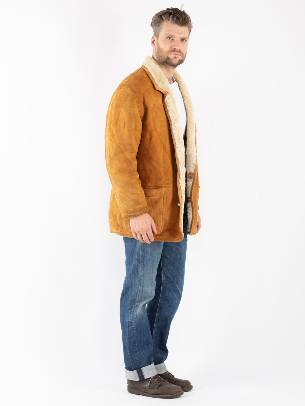 Vintage 80's Men Sheepskin Shearling Coat in Brown