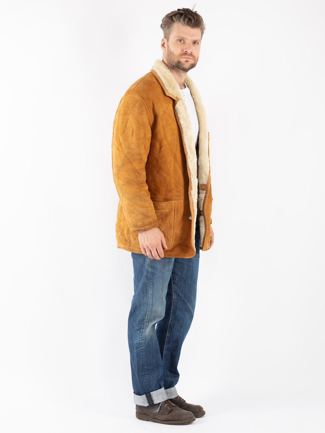 Vintage 80's Men Sheepskin Shearling Coat in Brown