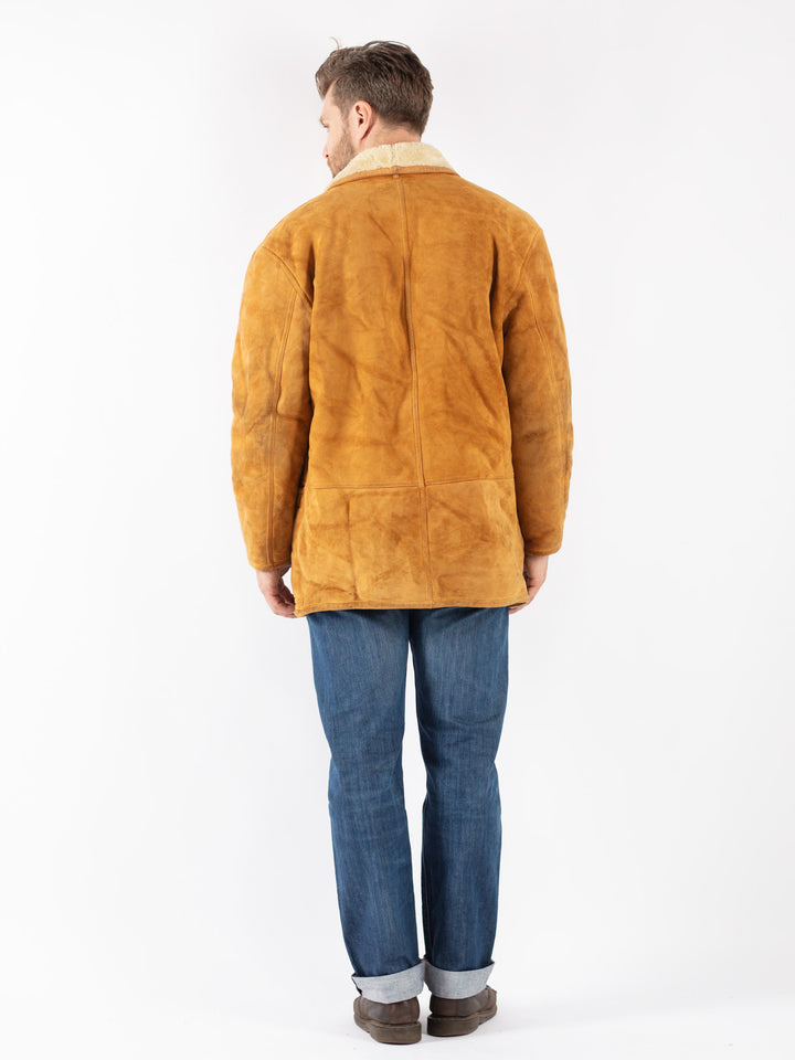 Vintage 80's Men Sheepskin Shearling Coat in Brown