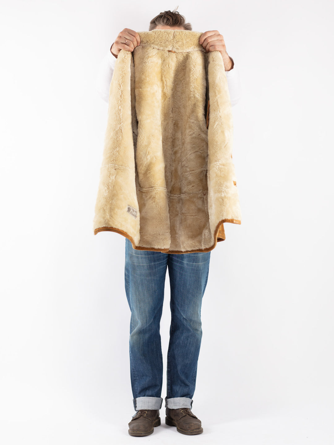 Vintage 80's Men Sheepskin Shearling Coat in Brown