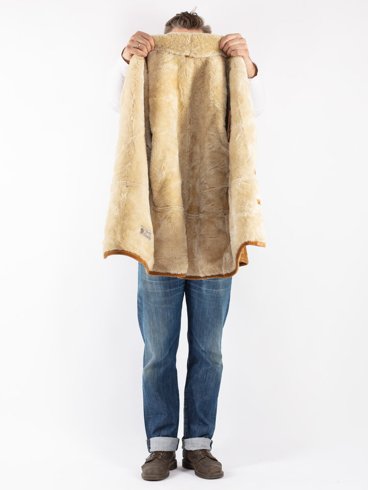 Vintage 80's Men Sheepskin Shearling Coat in Brown