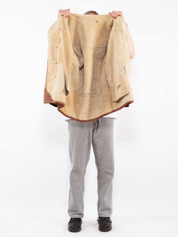Vintage 80's Men Sheepskin Shearling Coat in Brown