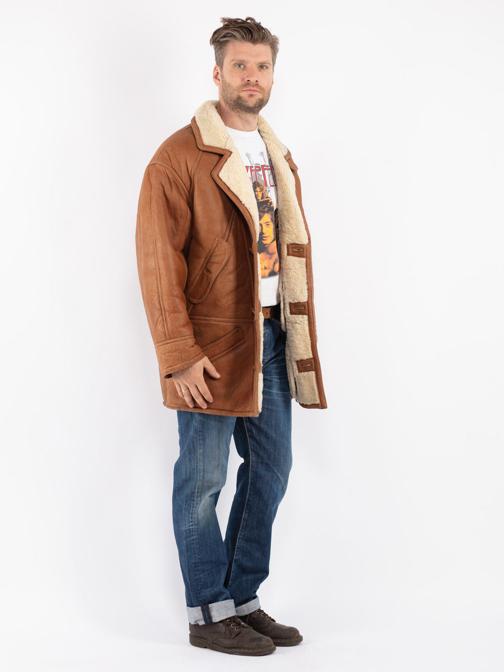 Vintage 80's Men Sheepskin Coat in Brown