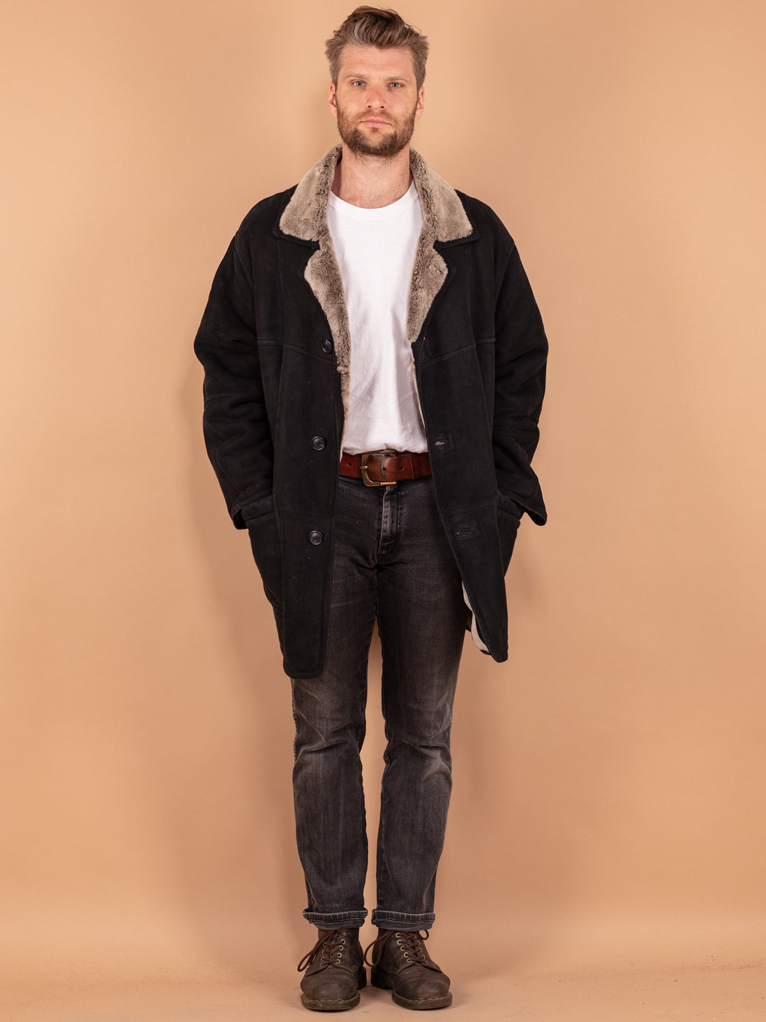 Vintage 80's Men Sheepskin Coat in Black