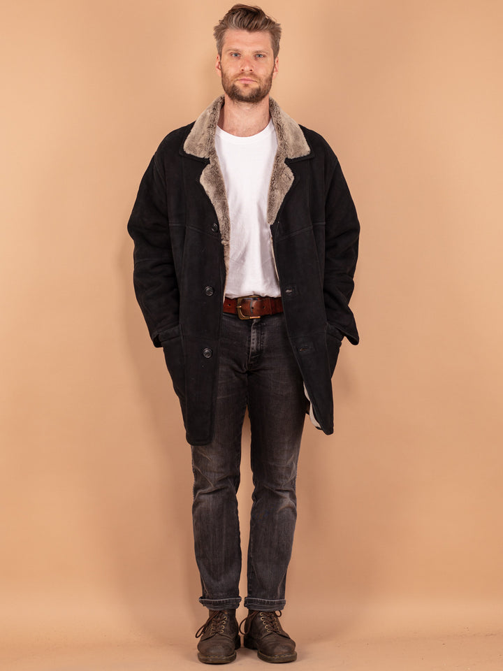 Vintage 80's Men Sheepskin Coat in Black
