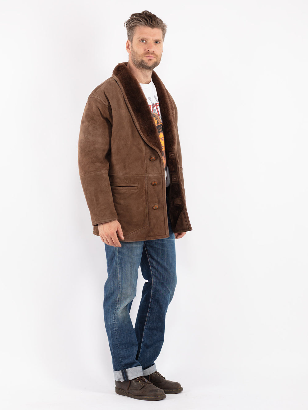 Vintage 70's Men Sheepskin Shearling Coat in Brown