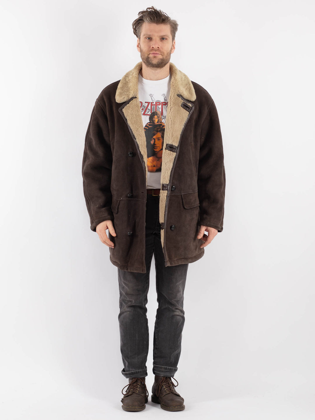 Vintage 80's Men Sheepskin Coat in GrayZ558