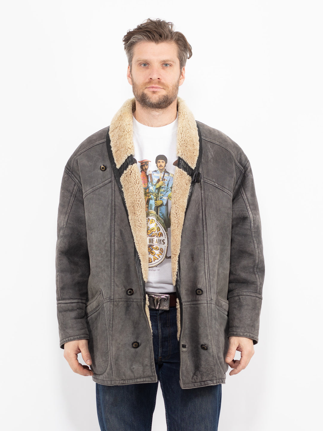 Vintage 80's Men Sheepskin Coat in GrayZ2737