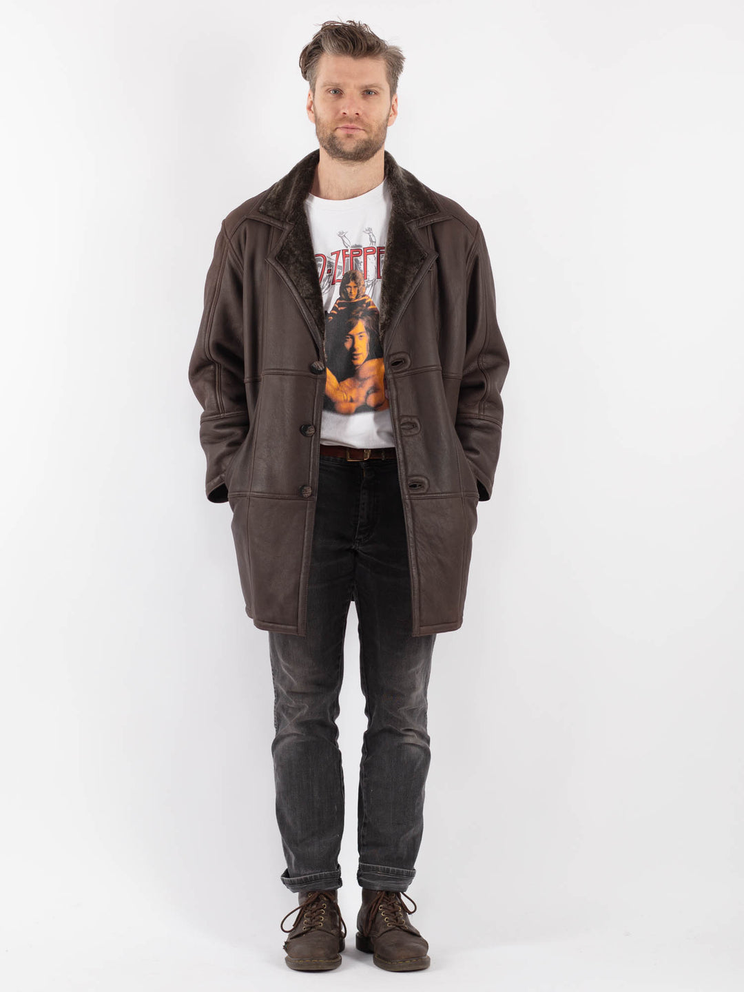 Vintage 80's Men Sheepskin Shearling Coat in Brown